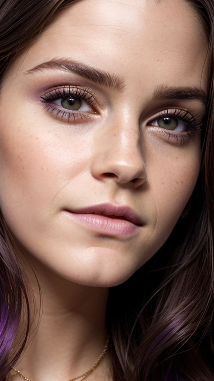 Face de Emma Watson, a close-up of a woman with long hair wearing a necklace, beautiful latin face, thick and straight eyebrows, gorgeous face e realista, extremely realistic face, accurate ultra realistic faces, beautiful hyperrealistic face, purple hair and big eyes, natural straight eyebrows, Beautiful realistic face, ultra realistic face, purple hair and brown eyes, gorgeous face 