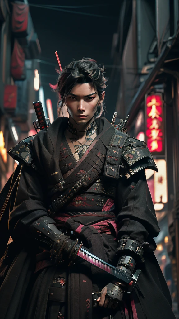 a close up of a person holding a sword in a city, very beautiful cyberpunk samurai, cyberpunk samurai, neon samurai, samurai jedi, portrait of a cyberpunk samurai, [ trending on cgsociety ]!!, sith lord. dramatic lighting, trending on artstation.', andreas rocha style, urban samurai, cyborg samurai, inspired by Kanō Hōgai