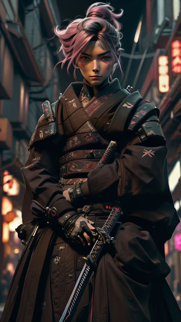 a close up of a person holding a sword in a city, very beautiful cyberpunk samurai, cyberpunk samurai, neon samurai, samurai jedi, portrait of a cyberpunk samurai, [ trending on cgsociety ]!!, sith lord. dramatic lighting, trending on artstation.', andreas rocha style, urban samurai, cyborg samurai, inspired by Kanō Hōgai