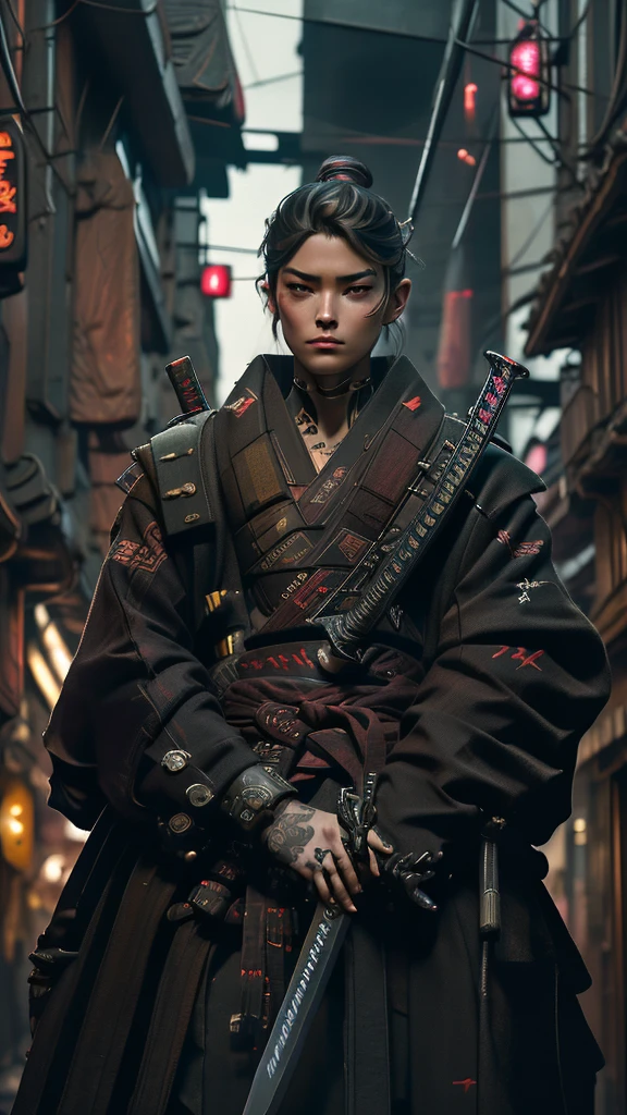 a close up of a person holding a sword in a city, very beautiful cyberpunk samurai, cyberpunk samurai, neon samurai, samurai jedi, portrait of a cyberpunk samurai, [ trending on cgsociety ]!!, sith lord. dramatic lighting, trending on artstation.', andreas rocha style, urban samurai, cyborg samurai, inspired by Kanō Hōgai