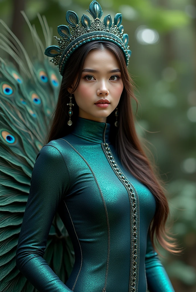 There is a most beautiful Asian Malay beauty wearing a peacock turtleneck unitard catsuit made of spandex。She has a beautiful peacock tail。She wears a peacock Malay female hijab made of spandex every day(peacock hijab with crest)。