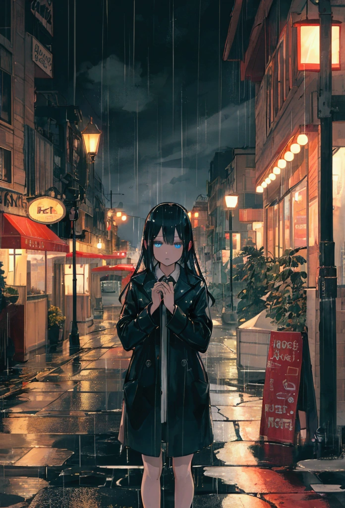 night street, cozy cafe, heavy rain, street slick with water