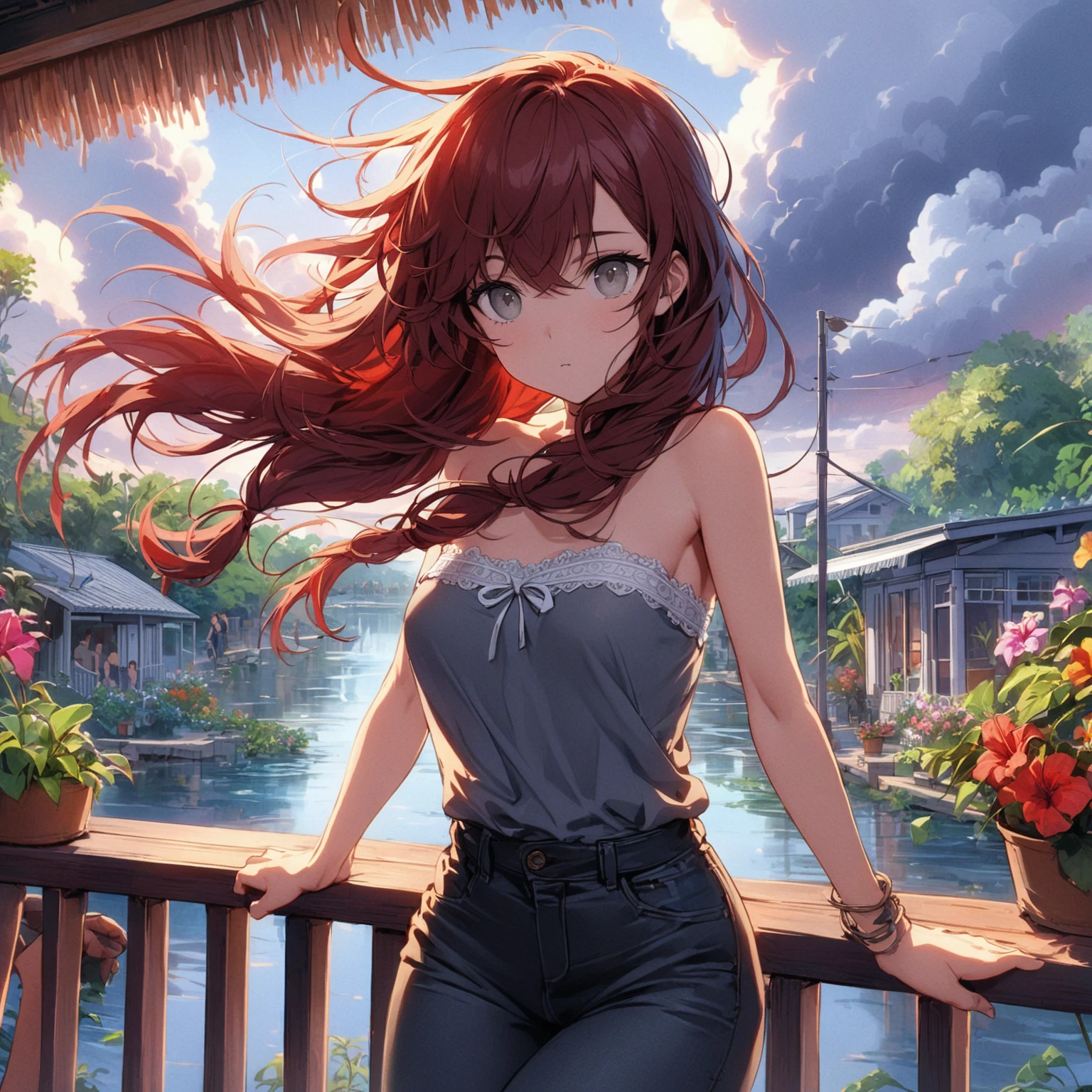 Best quality, masterpiece, hair blowing in wind, hands on railing, porch awning, upper body, balcony, railing, low twin tails, white ribbons, dark red hair, swept bangs, gray eyes, gray strapless shirt with white trim, black jeans, toned arms, small breasts, close up,tropical plants, neighborhood, flowers, fence, trees, river, thunderhead clouds, colorful flowers, people in background, dusk, 