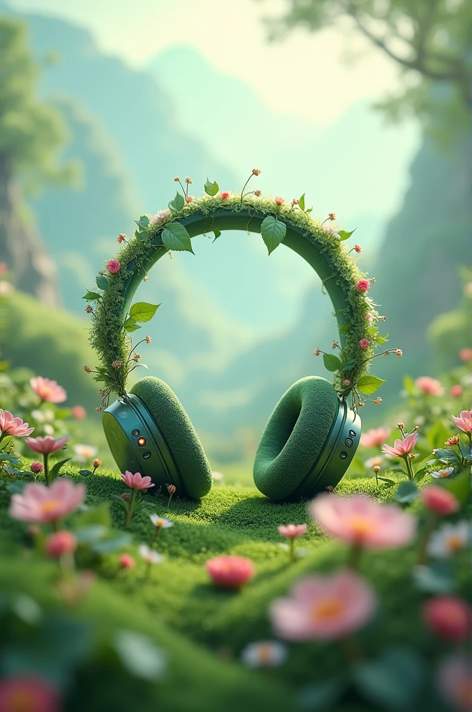 An image showing headphones with a player where you can see tranquility like a fairy tale environment 