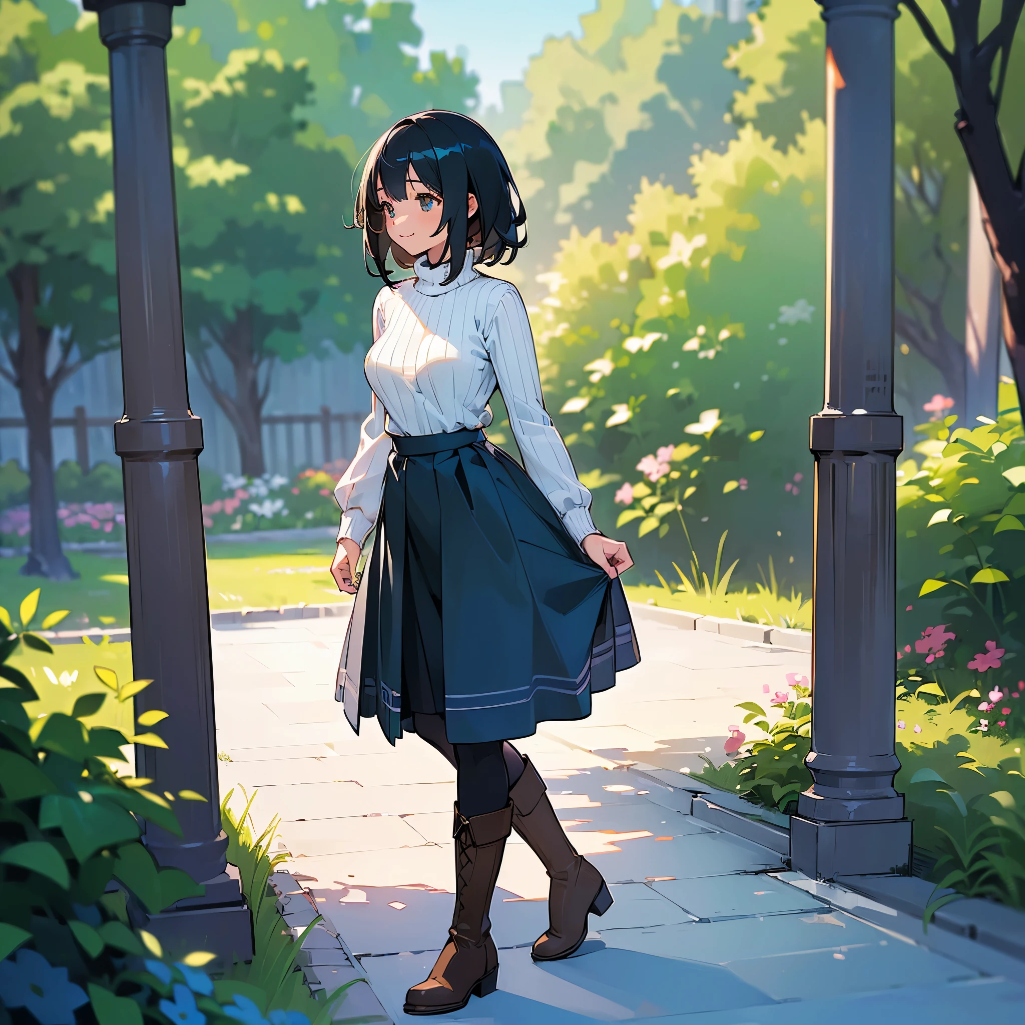 (high quality, High resolution, Very detailed, reality:1.37), Peaceful atmosphere, (Outdoor, garden), Teenage girl standing alone, (my breasts are big.), Beautiful details, Cute Smile, (Black bob hair), Ribbed sweater, Blue Skirt, Black tights, Brown boots.
