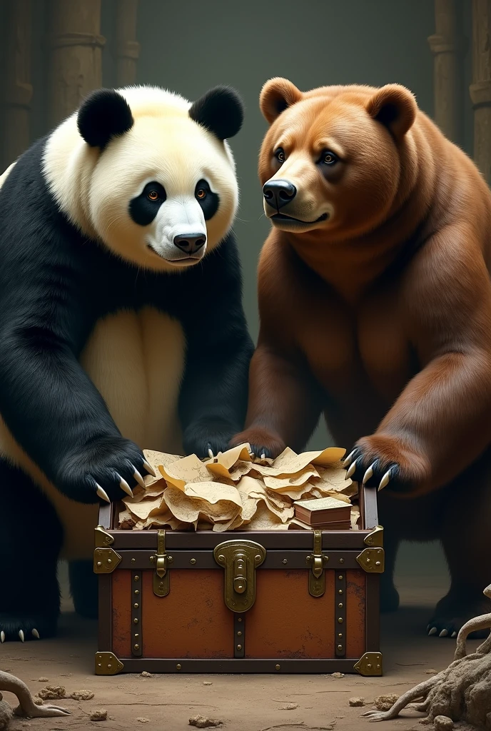 Make a picture of a panda bear and a brown bear and a chest full of old books and maps, both bears the same size.