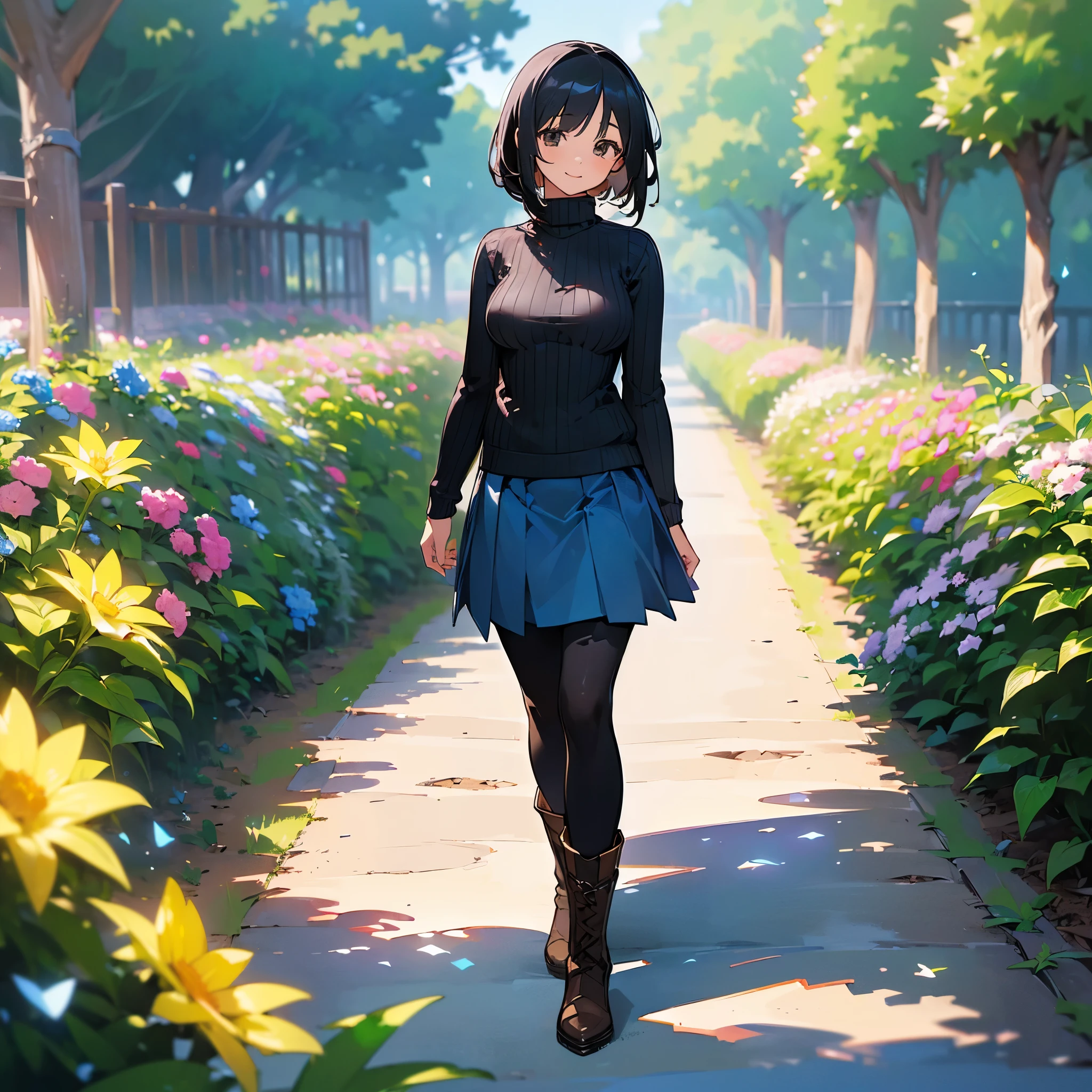 (high quality, High resolution, Very detailed, reality:1.37), Peaceful atmosphere, (Outdoor, garden),  girl standing alone, (my breasts are big.), Beautiful details, Cute Smile, (Black bob hair), Ribbed sweater, Blue Skirt, Black tights, Brown boots.