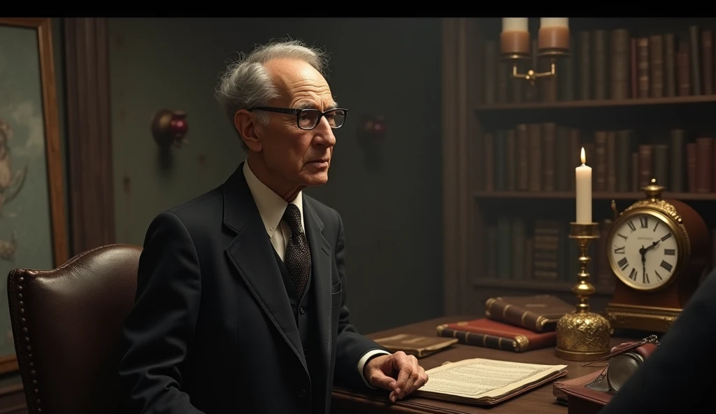 An elderly man with a serene and contemplative expression, thin. He has short, dark hair, slightly balding in the front, slightly graying, no beard, and wears a classic 1930s suit, with small, square, low-prescription glasses, and a discreet tie. Cayce is standing next to a vintage-looking chair, in an environment reminiscent of an old office with 3 candles on the table, with books and papers in the background. The soft, diffuse lighting highlights his face, transmitting an aura of wisdom and introspection. In one hand, he holds an object of prophecy, symbolizing his knowledge and psychic abilities. The scene has a nostalgic and mysterious tone, reflecting the enigmatic nature of his predictions and readings. talking to 1 person near him, in addition to having a clock in the classic part
