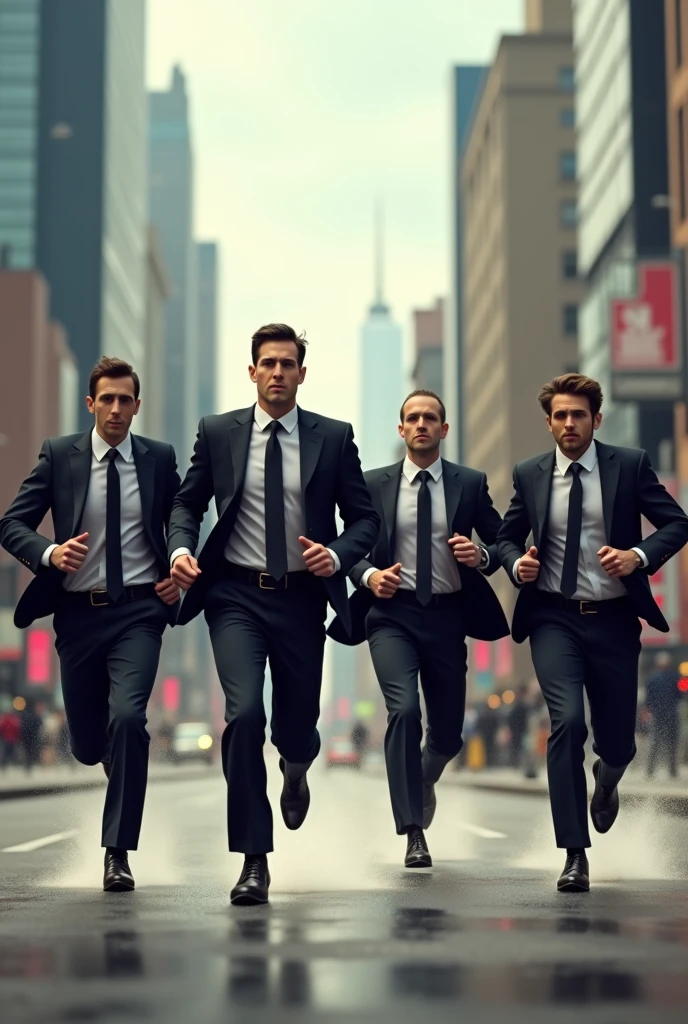 Four men running in suits