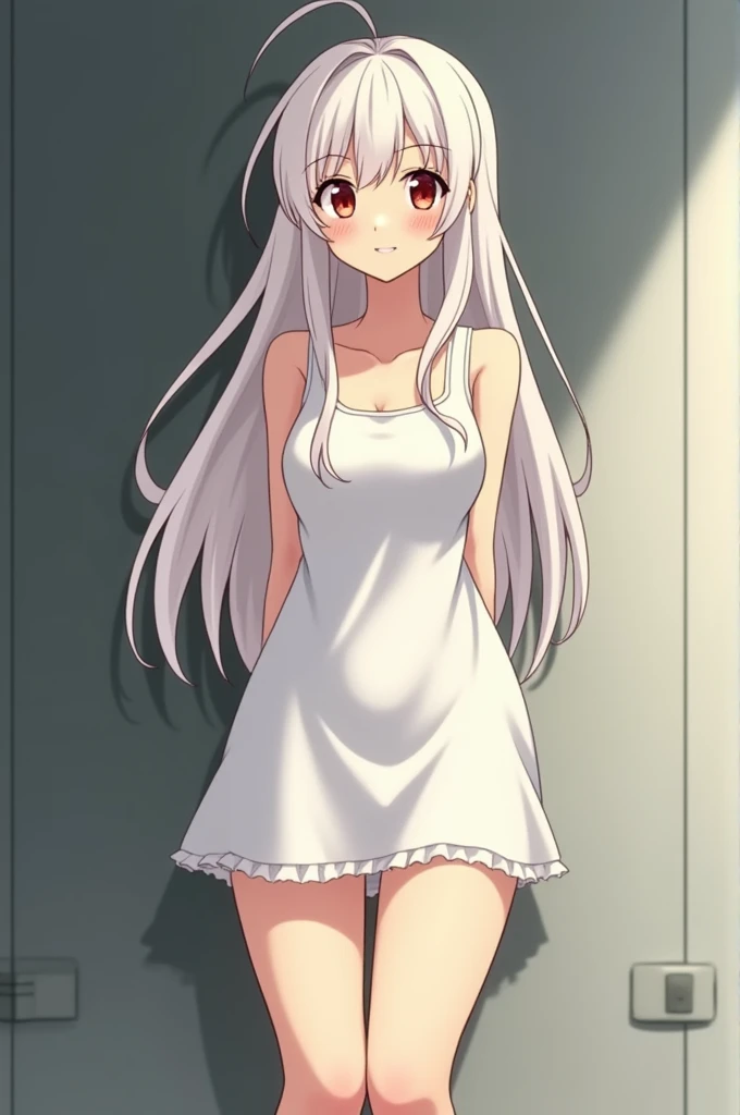 The image is Ghibli style, of a 28-year-old adult woman, who is albino and has long hair and red eyes. 

She has a dress and sturdy legs and strong thighs.  
His face looks smiling. 

In the background of the image there is a grey wall. 