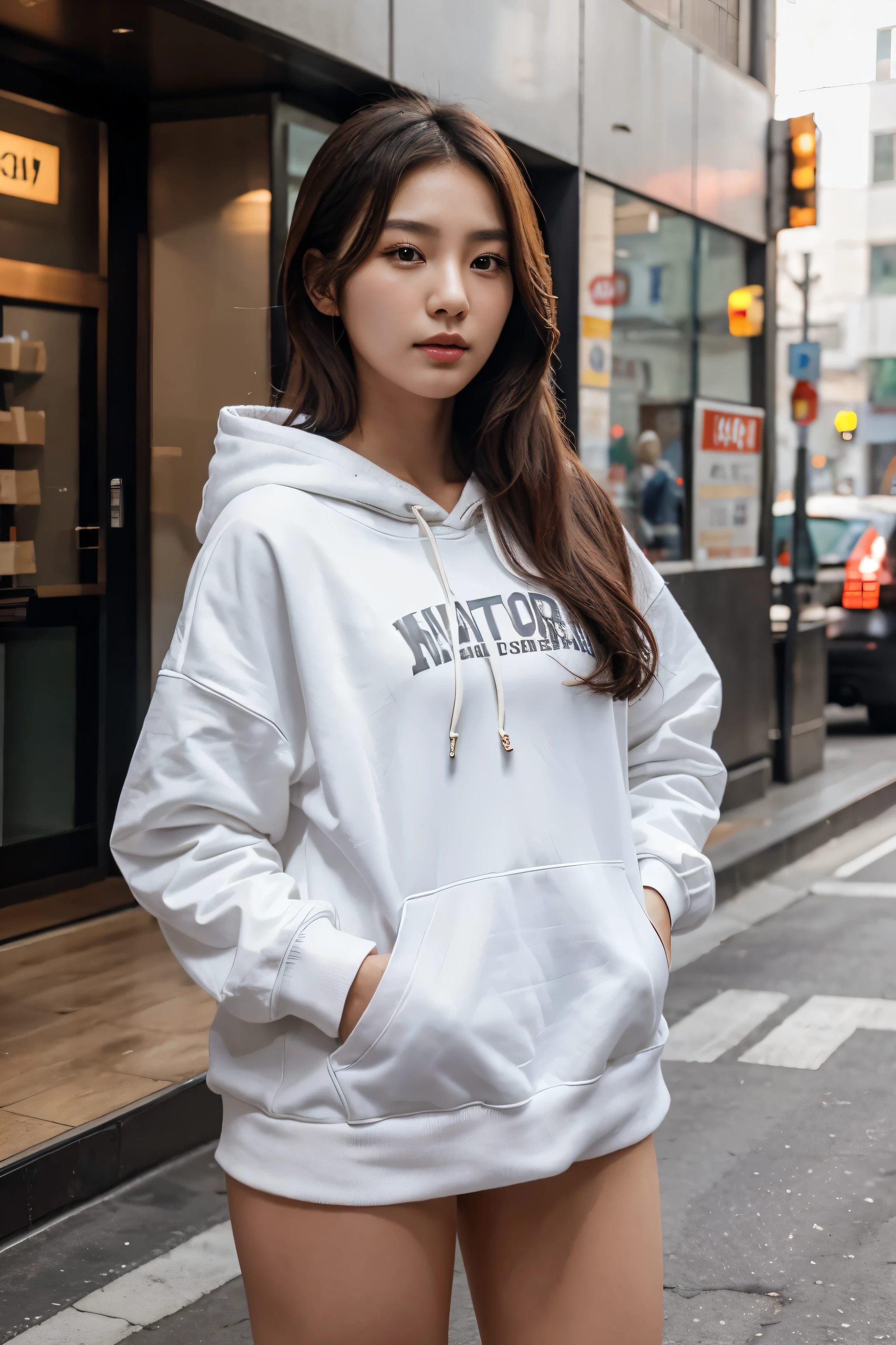 A beautiful Korean woman. Wearing a hoodie