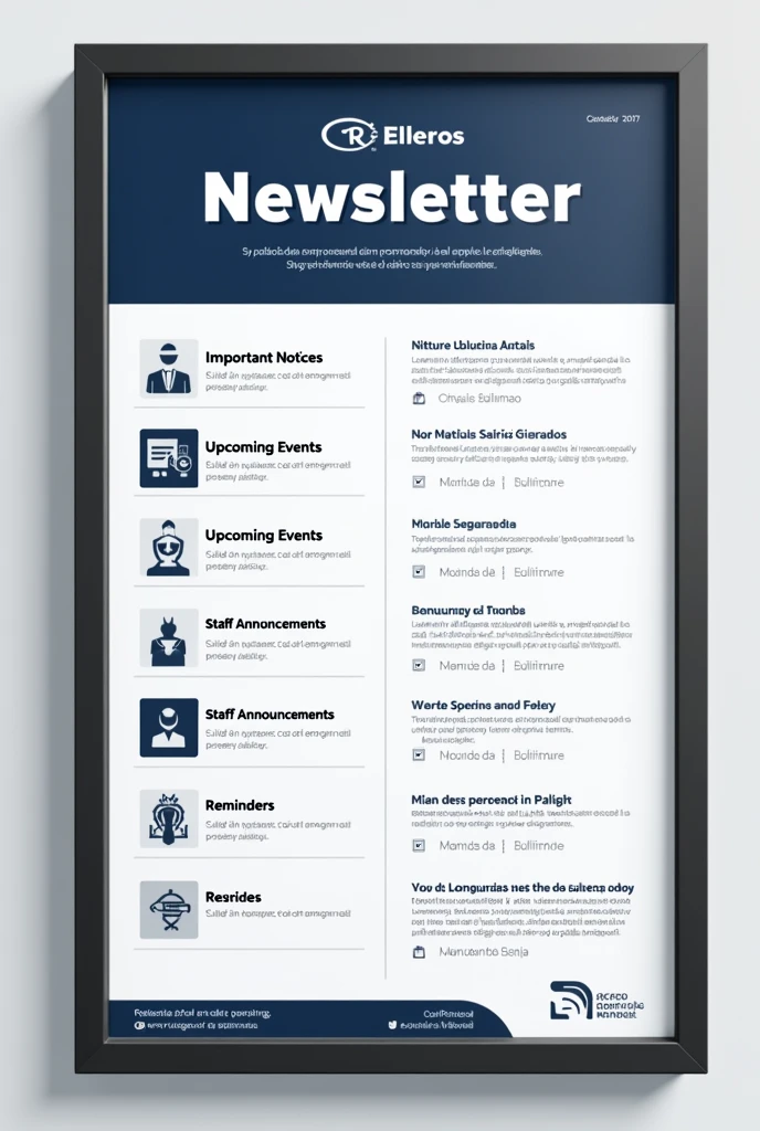 "An information board from an organization in Spanish, designed to be clear and attractive. The background is clean and professional, with predominant colors such as navy blue and white, that convey seriousness and confidence. On top, the organization&#39;s logo is centered, followed by the title &#39;Newsletter&#39; in large, bold letters. Below, Clearly defined sections are displayed with titles such as &#39;Important Notices&#39;, &#39;Upcoming Events&#39;, &#39;Staff Announcements&#39;, and &#39;Reminders&#39;. Each section has its own box, with text in easy-to-read fonts and space for representative images or icons. On the bottom, a bar that includes the current date and a short motivational message. The overall design is modern, clean and functional, with a balance between text and images, Designed to facilitate quick reading and keep employees informed.  In Spanish language 