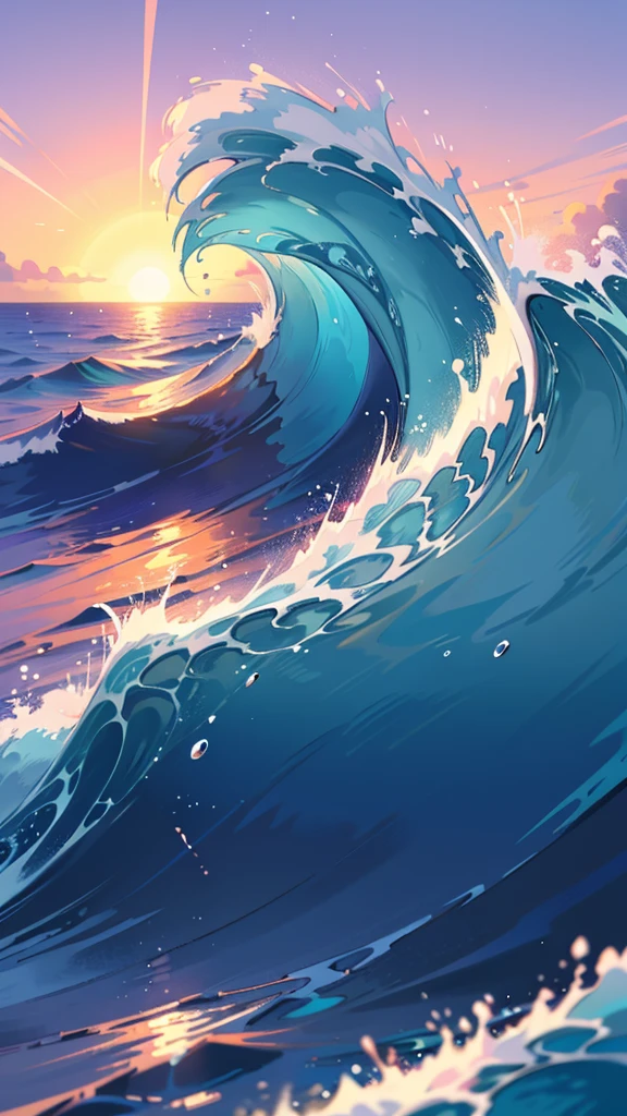 an image of a massive pipeline wave crashing in the ocean, with a deep blue color and foamy white crest, under the soft light of sunrise. The wave should curl over dramatically, with the shades of pink, orange, and purple as the sun is just beginning to rise on the horizon, casting a warm glow over the scene