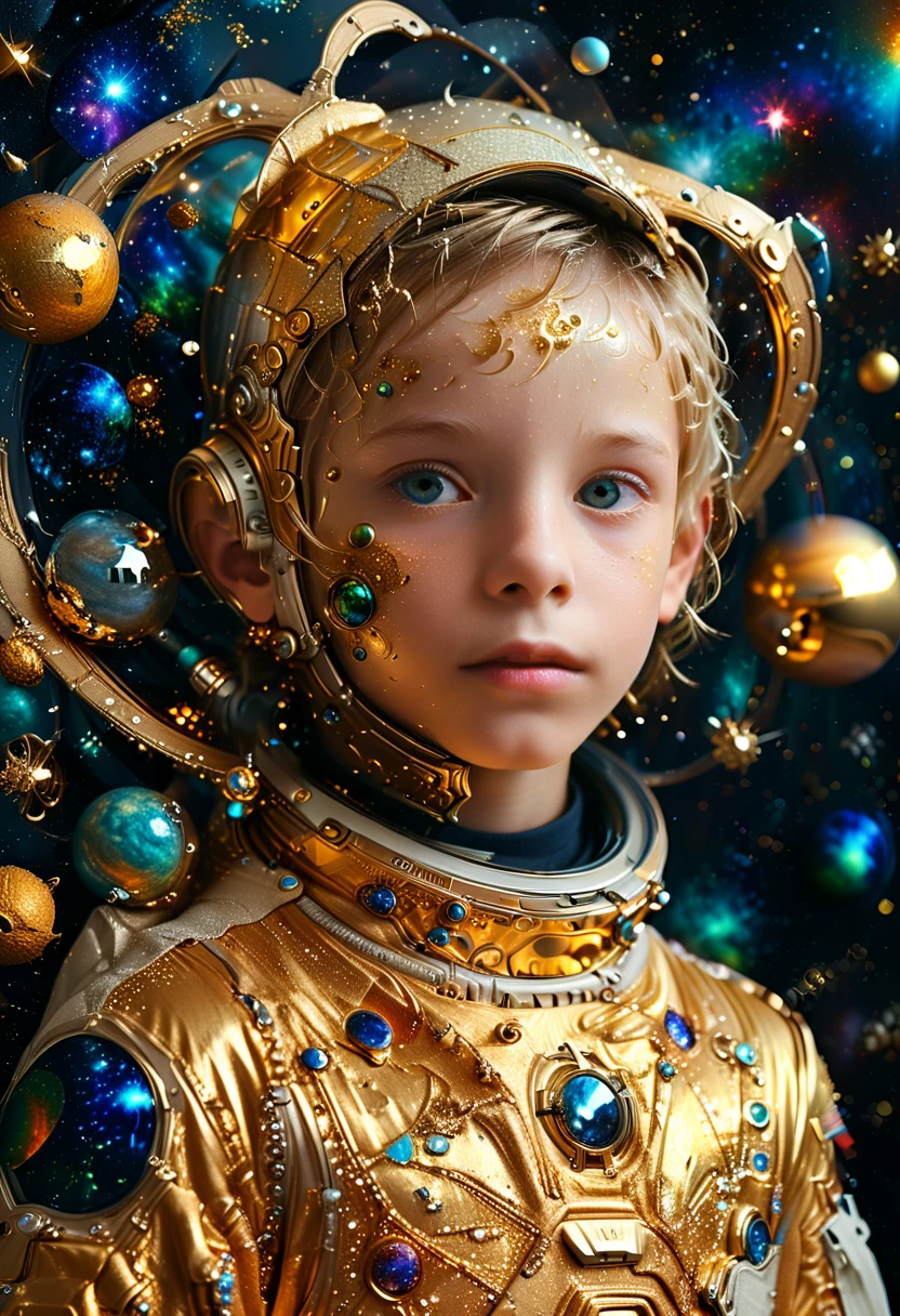 very detailed and intricate 3D portrait of an amazing boy, 19 years .In an astronaut's spacesuit ,Golden color, surrounded by many rotating planets with complex planetary decorations, studio lighting,  background of stars of the universe sparkling constellations and galaxies，Simple and clean，the incomprehensible whirlpool of life in the universe .Light and shadow，