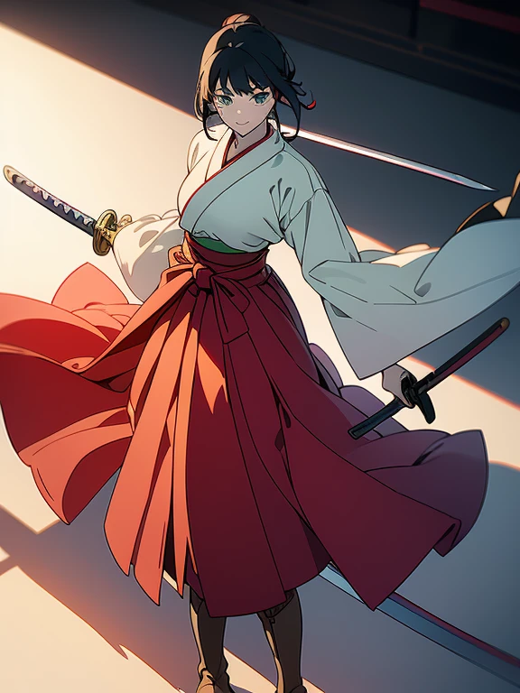 ((((masterpiece, Best Quality, Ultra-high resolution, Best illustrations)))), ((Portrait of a person standing against a white background)), (Very delicate and cute face, Sparkling Eyes), A beautiful 18-year-old shrine maiden girl named "Midori" is standing diagonally to the left alone., (((She is wearing a wooden sword at her waist.))), smile, Medium length black hair, Clean green eyes, Long red Hakama, long boots, 