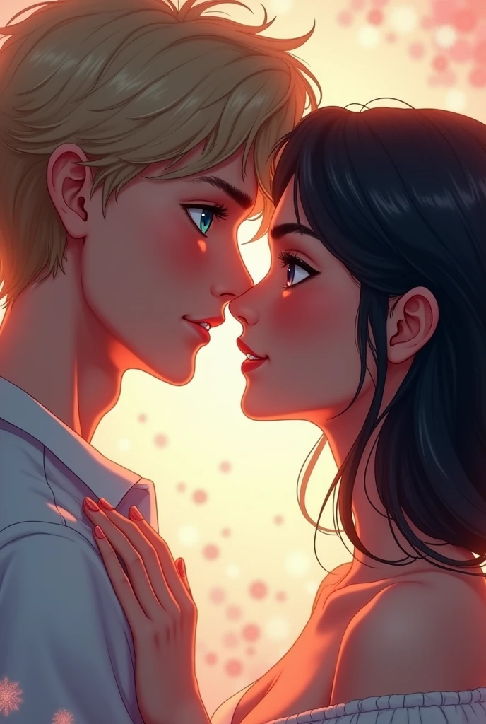 Imagine a cover in pastel tones, I want my protagonists to appear on the cover, Staring directly into each other's eyes, letting their love and desire be seen.
A man with blond hair, disordered, piercing blue eyes,of tall stature, with masculine and young adult features, make him look like the actor from the series maxton hall A woman with shoulder-length black, semi-wavy hair, dark brown eyes, with fine and elegant features.
I want something more real Create something where both look handsome