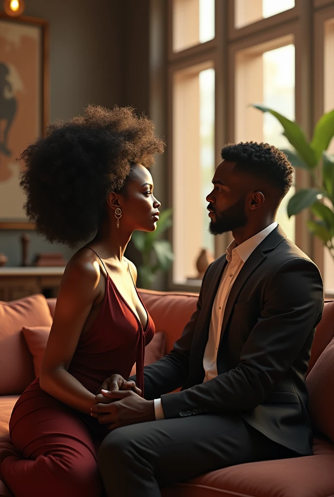 (photorealism:1.2), one businessmen black African American, in suits, talking to a beautiful white woman with black curly hair, using red dress, chatting at lounge, sitting in a sofa