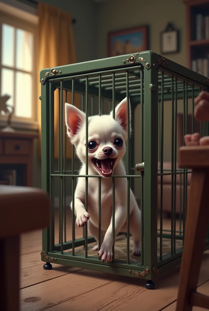 A scared white chihuahua dog tries to escape from its cage and in the background they are inside a house


