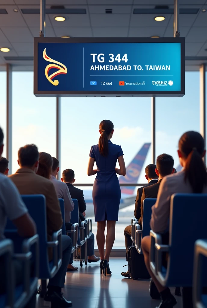 Show inside airport seene where Flight attendant is making announcement about flight. On display thai airways is mentioned. Flight TG 344 . Ahmedabad to Taiwan. And few peole are sitting and waiting in chairs . This peole are are in front of floght attendance. Pov from behind the people.
Just name and logo of thai airways on display.