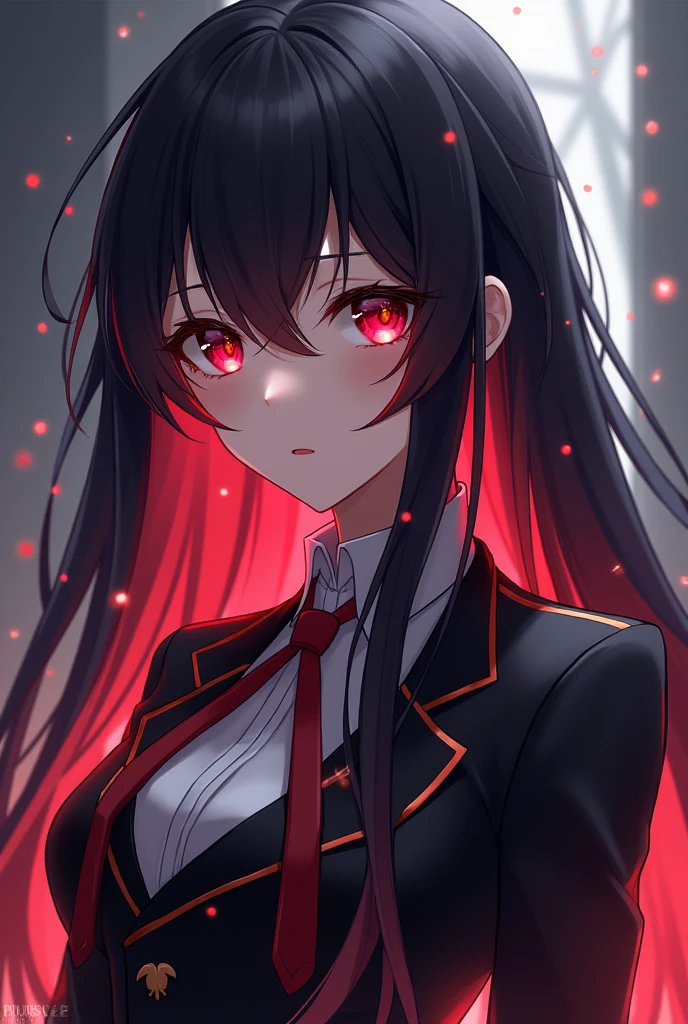 Wallpaper:Anime style Genshi Impact has long black hair with red highlights, wears a uniform, has one eye red and the other black and this serious is a woman