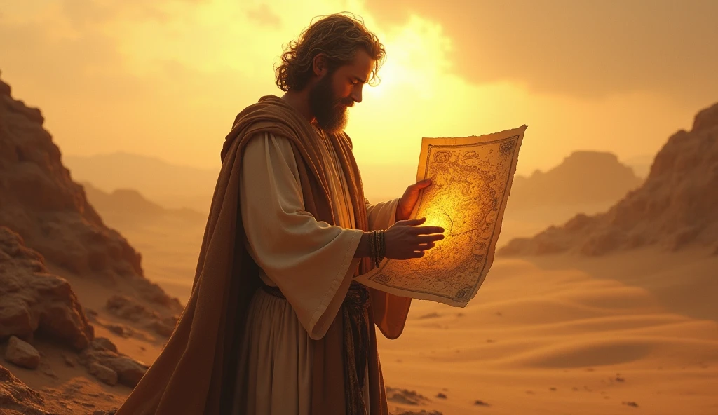 "Crie uma imagem hiper-realista e misteriosa de Solomon em um vasto deserto, holding a detailed ancient map that glows softly in the golden light of dawn. Ao redor dele, the desert seems endless and desolate, but the map in your hands reveals a clear path towards a distant city on the horizon, symbolizing prosperity and financial security. Solomon, with an expression of confidence and determination, is about to follow the path traced on the map. The scene should convey the idea that, with a well-structured plan, even the most arduous challenges can be successfully overcome.