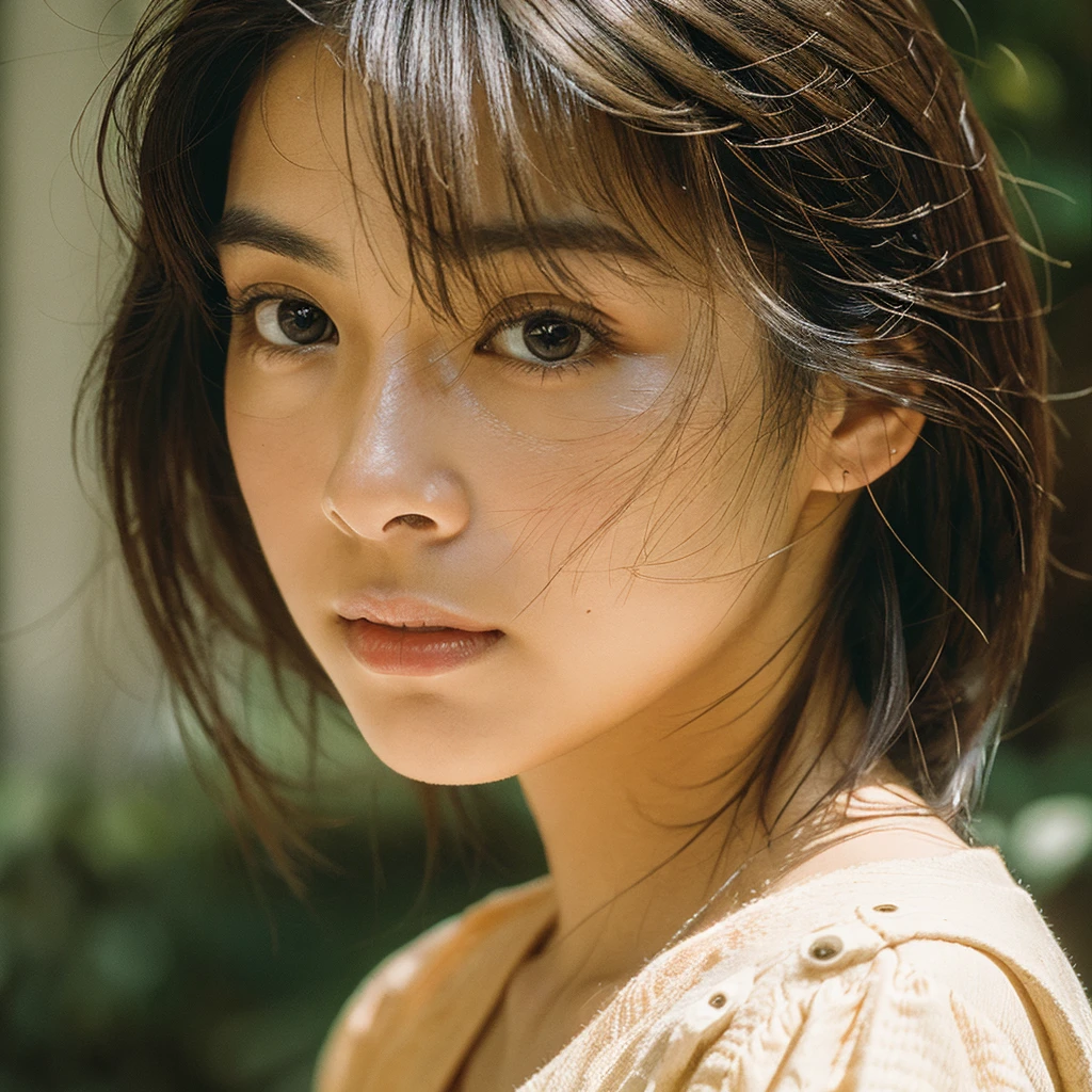 A hyper-realistic image of a single Japanese woman in her early 20s, captured with the nostalgic warmth and subtle graininess of a film camera. Her skin has a warm beige tone with a natural, slightly rough texture that includes visible pores, fine lines, and subtle imperfections such as small blemishes, adding to the authenticity of her appearance. The soft, diffused natural light enhances the film-like quality, casting gentle shadows that create a timeless, organic feel. Her straight, glossy black hair frames her face in a natural, slightly tousled manner, and her deep brown eyes reflect the ambient light, adding depth and emotion. The film camera effect introduces a slight grain and a softer focus, giving the image a warm, nostalgic atmosphere while maintaining the realistic texture of her skin. She is dressed simply, in a way that complements her natural beauty, with the overall composition designed to evoke a sense of genuine, understated elegance. The use of natural light, combined with the deliberately rougher texture of her skin and the film-like qualities, ensures that this image captures the imperfections that make her beauty truly lifelike, focusing solely on this one individual.