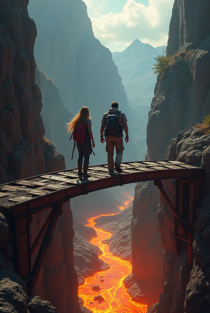A dark cave with a cliff and a river of lava and a long, rusty iron bridge. connected to a cave and the continuation of the cave with the exit to a mountain. And that there are also two scientists, a woman with loose hair and a man. About to cross the bridge, the man at the end of the bridge the woman in the middle. And have scientist clothes plus a backpack