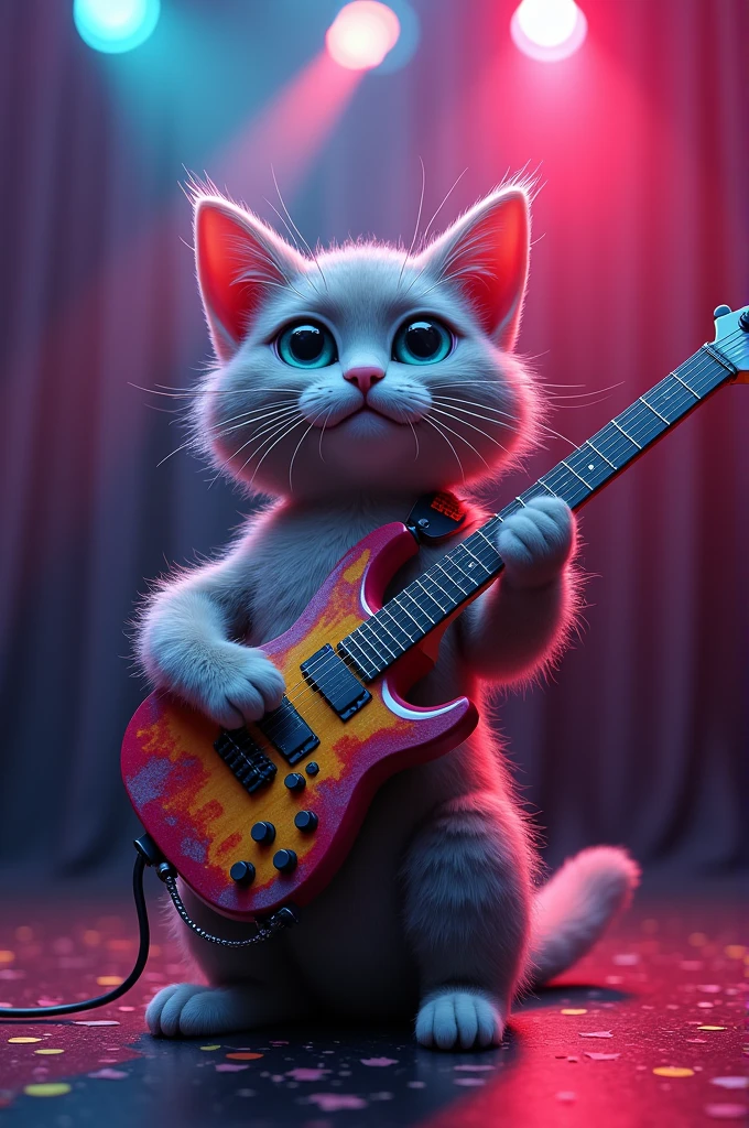 Cat with a colored guitar on a stage