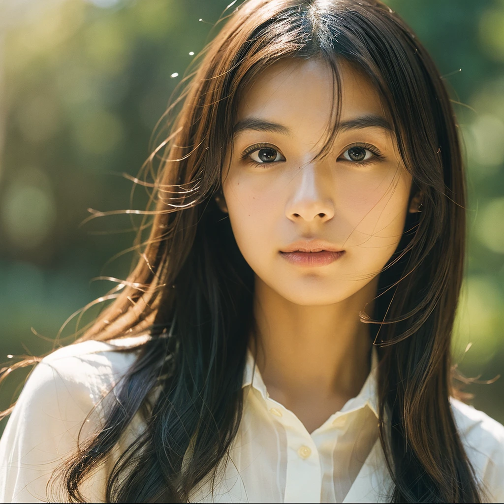 A hyper-realistic image of a single Japanese woman in her early 20s, captured with the nostalgic warmth and subtle graininess of a film camera. Her skin has a warm beige tone with a natural, slightly rough texture that includes visible pores, fine lines, and subtle imperfections such as small blemishes, adding to the authenticity of her appearance. The soft, diffused natural light enhances the film-like quality, casting gentle shadows that create a timeless, organic feel. Her straight, glossy black hair frames her face in a natural, slightly tousled manner, and her deep brown eyes reflect the ambient light, adding depth and emotion. The film camera effect introduces a slight grain and a softer focus, giving the image a warm, nostalgic atmosphere while maintaining the realistic texture of her skin. She is dressed simply, in a way that complements her natural beauty, with the overall composition designed to evoke a sense of genuine, understated elegance. The use of natural light, combined with the deliberately rougher texture of her skin and the film-like qualities, ensures that this image captures the imperfections that make her beauty truly lifelike, focusing solely on this one individual.