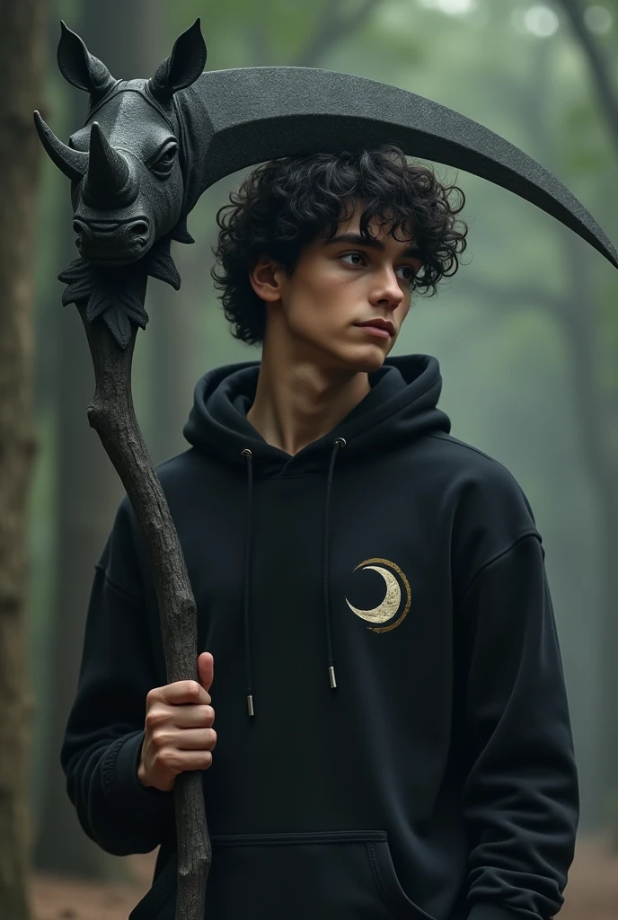 An 18 year old with black curly hair, with very black eyes and native Brazilian and his skin is white, wearing a black sweatshirt with a waning moon symbol on his right chest, with a large sickle where the blade part is the head of a rhinoceros and the blade is its horn and its soul in a black tone at its side