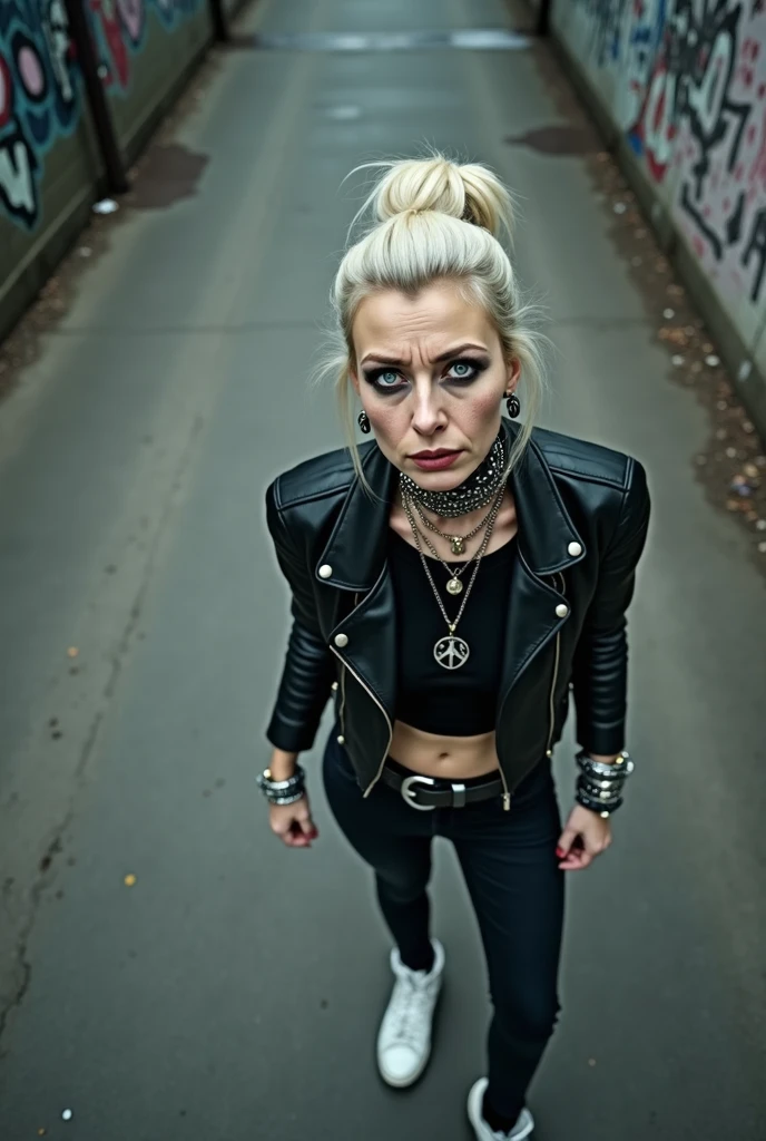russian milf woman, biker gang member, grey hair (top bun) with bandana headband, with very light blue eyes, extremely pale, heavy eye shadows. Thin. Sad, humbled face, smeared excessive make up and smeared lipstick Wearing black moto jacket, cropped t-shirt with devil logo, skinny blue jeans and black cowboy boots . Lots of metallic bracelets. Tacky thin leather belts superimposed . One hand in her neck, the other in one pocket. Lots of rings. Wide loop earrings. Looks up with amazement like talking to God, mouth and eyes open. Bites her lip and opens her eyes wide