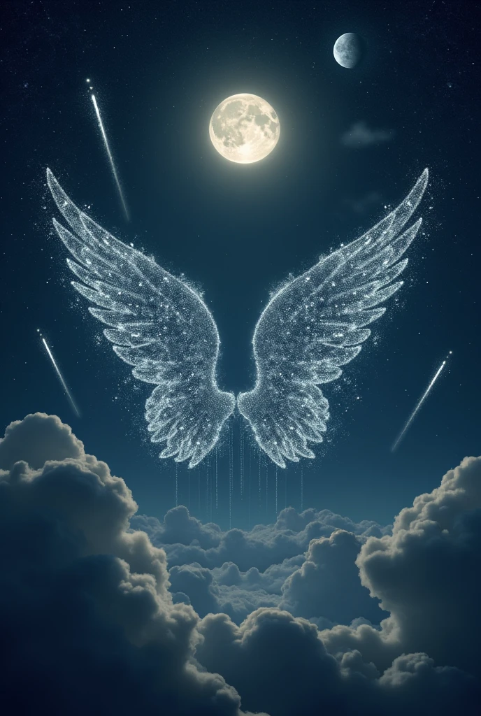 full moon plus meteorites, planets and only Angel wings made of stars, the wings separated and down