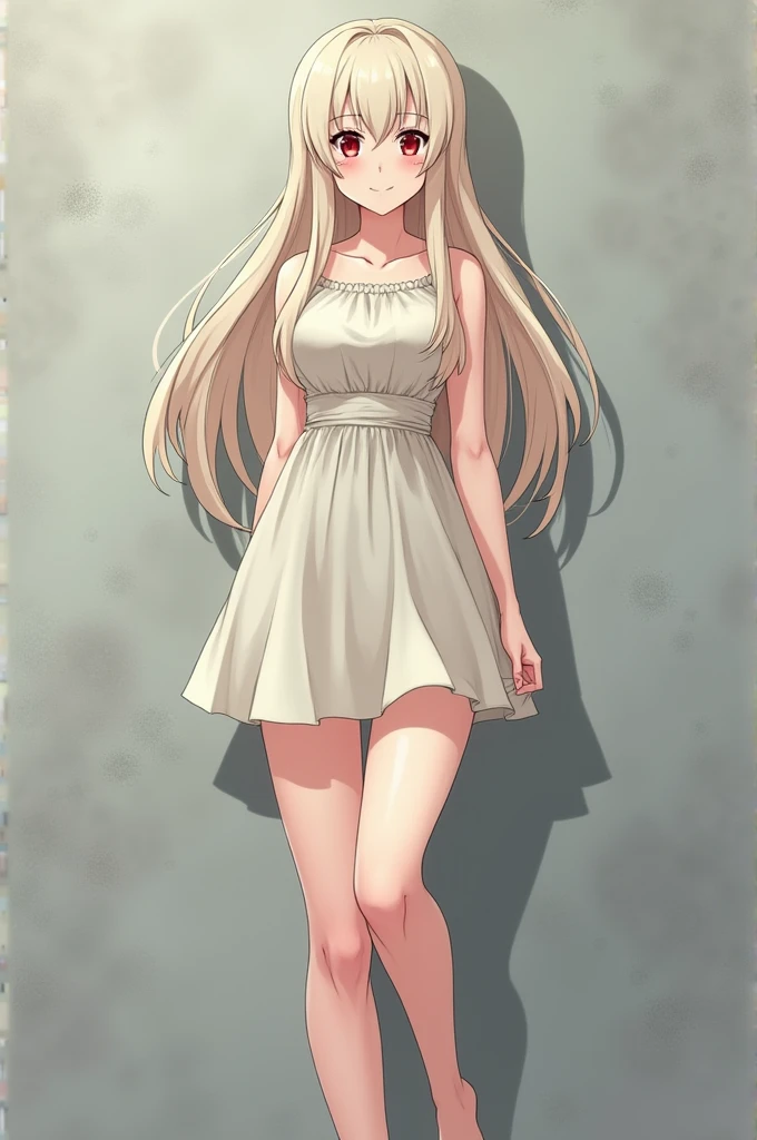 The image is Ghibli style, of a 28-year-old adult woman, who is albino and has long hair and red eyes. 

She has a dress and sturdy legs and strong thighs.  
His face looks smiling. 

In the background of the image there is a grey wall. 