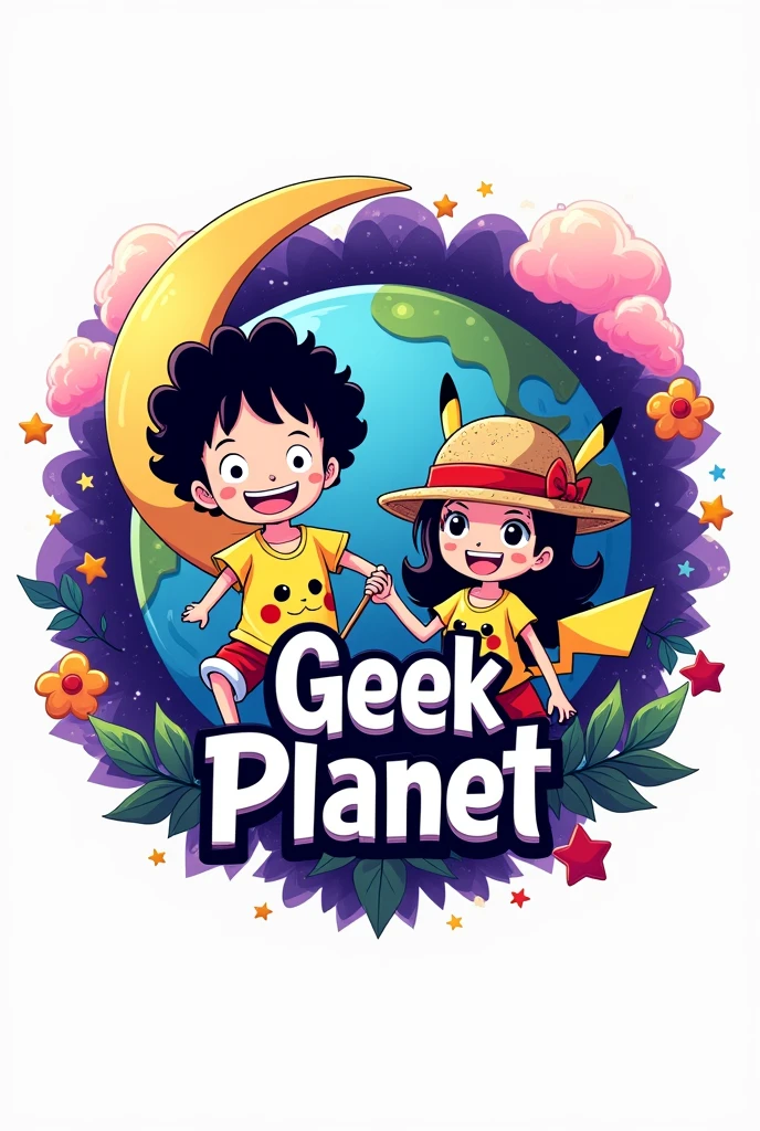 Un logo con el 🌎 de fondo, stars, heart and a crescent moon (pink and purple colors), Here are some anime figures of a boy with black curly hair and a girl with long black hair wearing Pikachu shirts and ears or a straw hat. (Luffy de one piece), the name of Geek Planet in the middle of the logo (Vivid colors throughout the image) and the white background