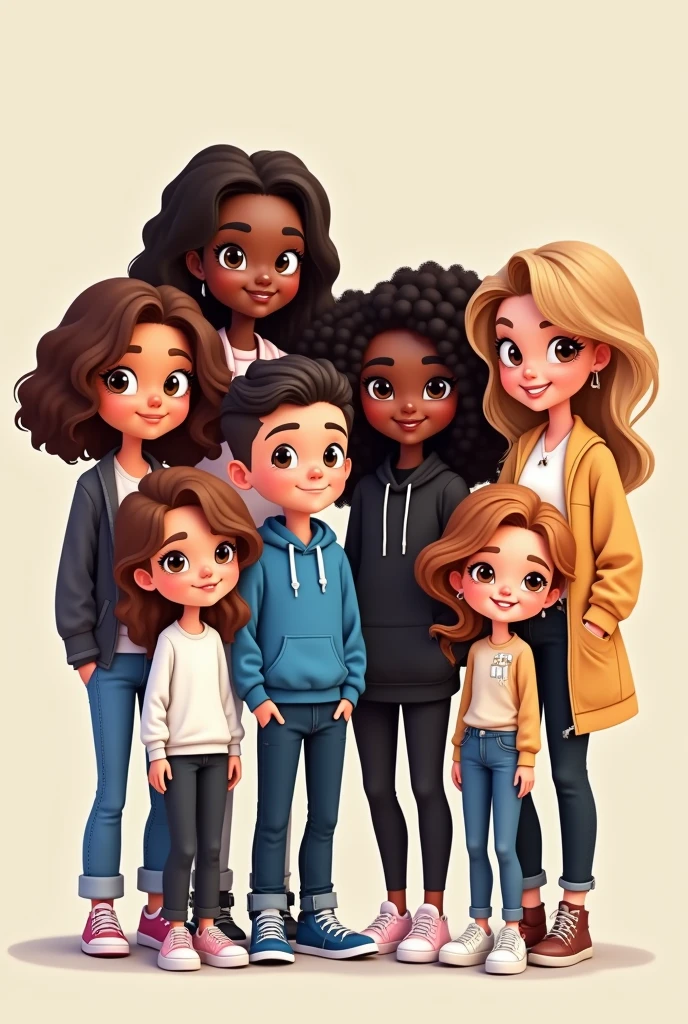 Create a drawing with 6 people .5 girls and a boy ,tall black ,shaven hair, the characteristics of the first girl is : medium curly hair, eyes browns ,chestnut hair ,Caucasian skin ,blue sweatshirt and jeans .Characteristics of the second girl : big hair ,smooth and black , Caucasian skin ,black eyes , black sweatshirt and jeans , the third girl : skin black , eyes browns , curry hair,white blouse and jeans, the fourth girl has long, light brown hair ,Light brown eyes , Caucasian skin ,white blouse and black pants , a quinta garota tem Caucasian skin ,big hair e ondulado , hair color is light brown , .white blouse and black pants ,White sneakers , a sexta garota tem skin black ,straight and medium hair , eyes browns, burgundy sweatshirt and jeans. the image style should be cartoon character