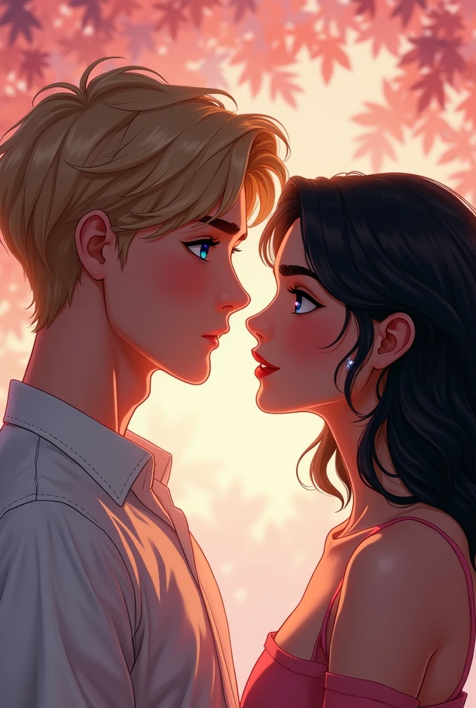 Imagine a cover in pastel tones, I want my protagonists to appear on the cover, Staring directly into each other's eyes, letting their love and desire be seen.
A man with blond hair, disordered, piercing blue eyes,of tall stature, with masculine and young adult features, make him look like the actor from the series maxton hall A woman with shoulder-length black, semi-wavy hair, dark brown eyes, with fine and elegant features.
I want something more real Create something where both look handsome