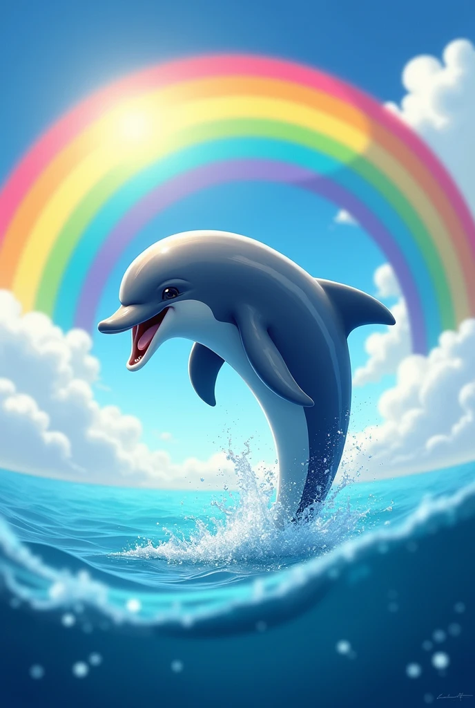 smiling dolphin jumping out of water colorful rainbow
