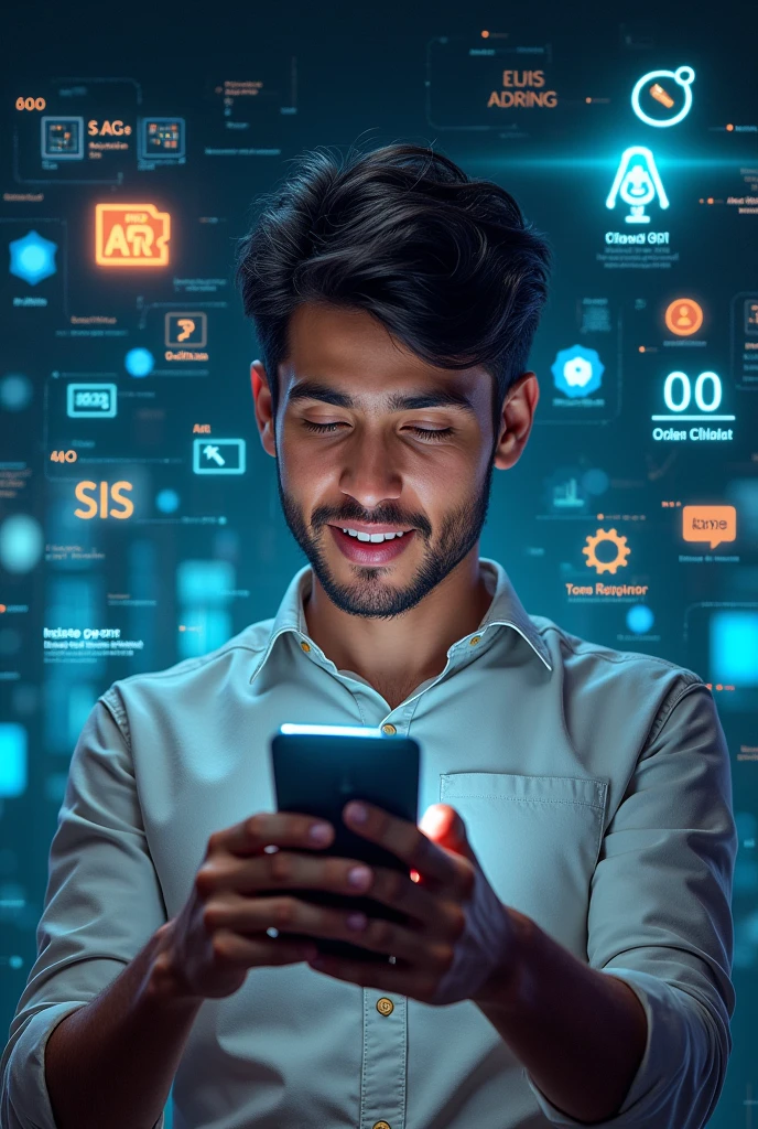 best quality, realistic young man, 25, brazilian, surprise affection, using a smartphone, interacting with chatGPT, multitasking, surrounded by icons from different fields, versatile, icons of completed tasks, technology, cyberpunk, backgroundless image
