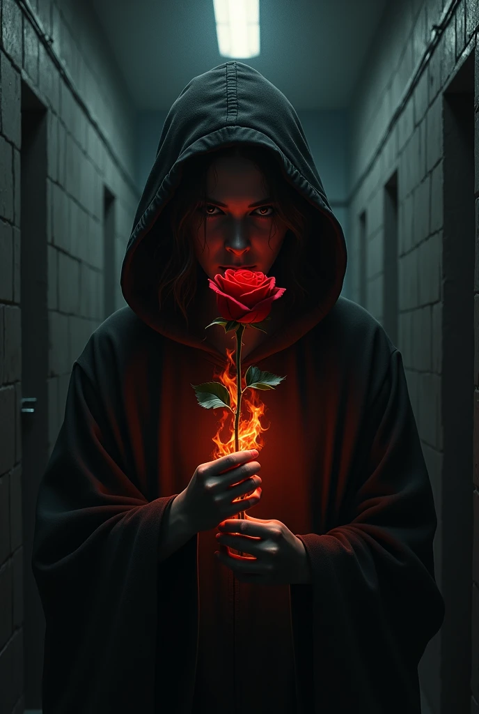 A mysterious-faced prisoner partially hidden in the shadows of a cell with a red rose in the center on fire