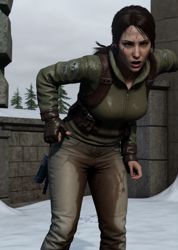 (pp clothes), full body, screenshot from rise of the tomb raider, lara croft, side view, snow