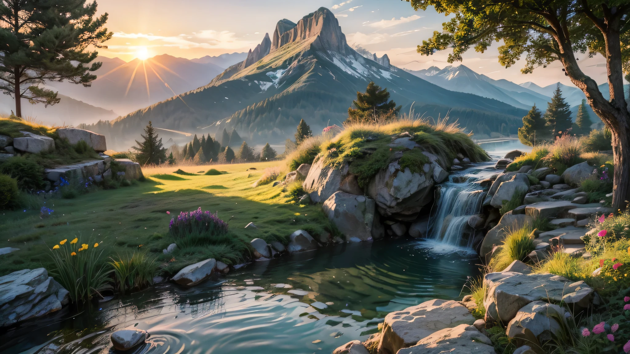 fairytale view with ornamented fantasy fairy garden in a wide steep valley with huge dramatic mountains in the distance,springtime,large ornamental lawns, very deep clear water natural pond, rocks plants flowers shrubs trees moss lawns grass animals,sunrise and strong sunbeams,very hazy,extreme details,photorealistic,4k,HD,beautiful,nature, dreamy, low shot,ground level photo