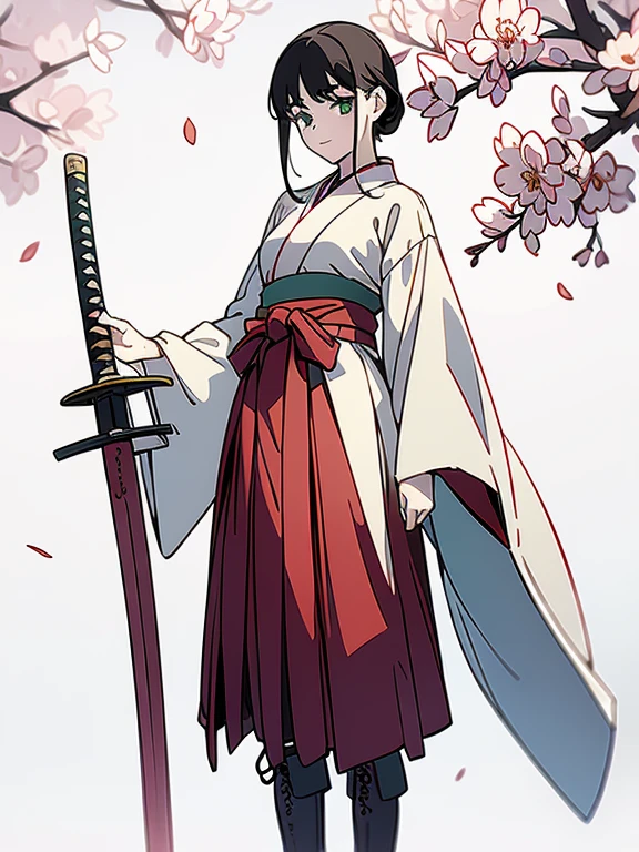 ((((masterpiece, Best Quality, Ultra-high resolution, Best illustrations)))), ((Portrait of a person standing against a white background)), (Very delicate and cute face, Sparkling Eyes), A beautiful 18-year-old shrine maiden girl named "Midori" is standing diagonally to the left alone., (((She is wearing a wooden sword at her waist.))), smile, Medium length black hair, Clean green eyes, Long red Hakama, long boots,