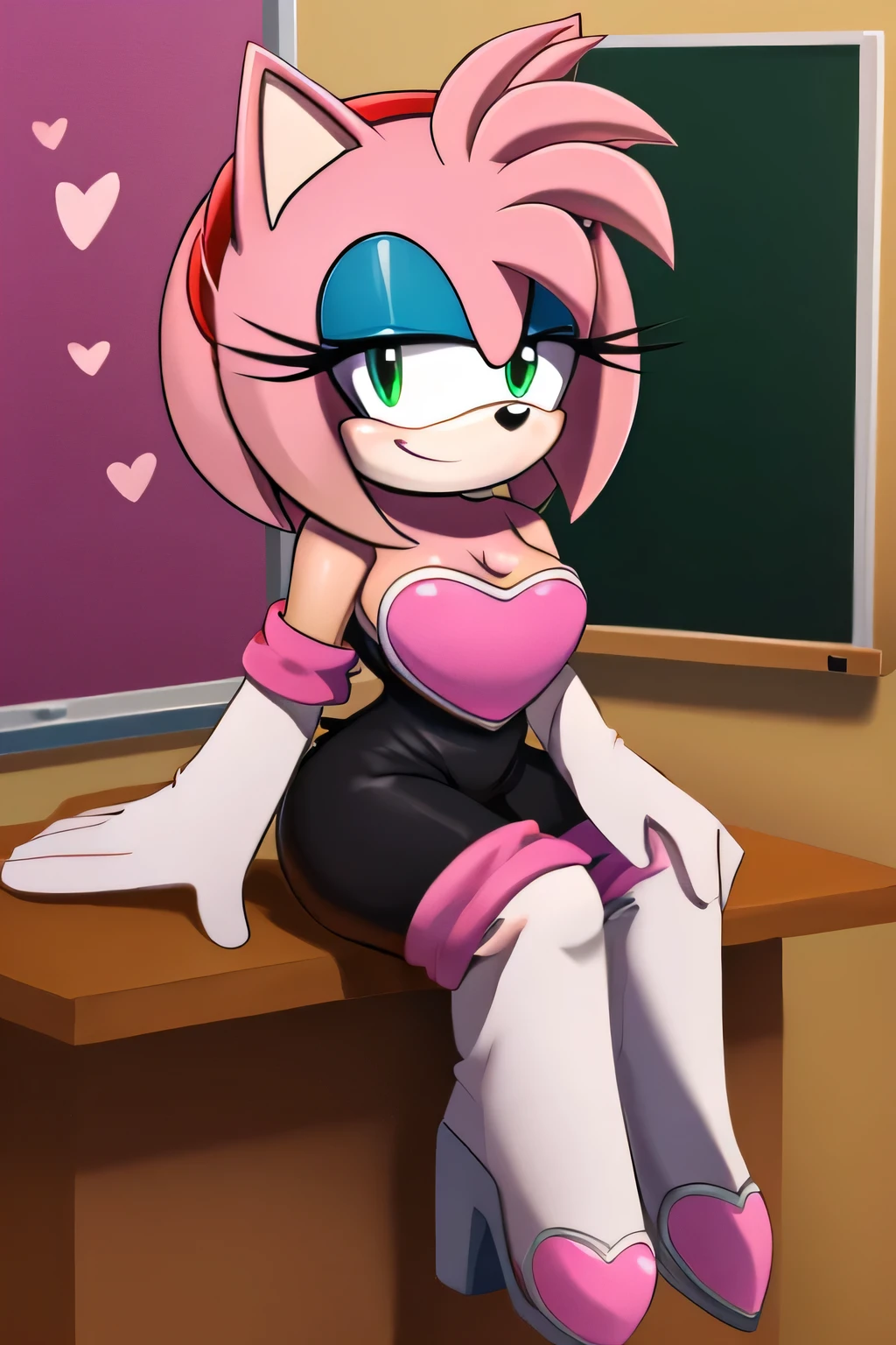 score_9, score_8_up, 2D, flat color, looking at viewer, (1girl), (solo), very detailed, extremely detailed, Amy Rose from the sonic the hedgehog series, portrait, smile, looking at viewers, hair down, hair bangs, large bust, milf, Rouge cosplay, cosplay, Rouge outfit, she wears a black skin-tight and strapless low-cut jumpsuit, a pink heart-shaped chest plate outlined with thin white trim, elbow-length white gloves and thigh-high high-heeled boots with pink cuffs to match them, with the latter featuring both gray soles and heels, along with steel toes in the appearance of pink hearts, matching her jumpsuit's chest plate, sitting on a table, legs crossed, indoor classroom in school with a chalkboard, a window of a nice sunny day, exit door