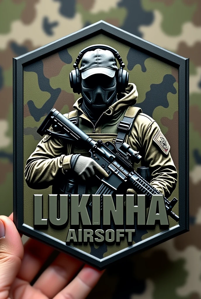 Create Hexagonal Rubberized Patch Cliché, camouflage coat of arms background,military coat of arms with the name Lukinha Airsoft, operator carrying an m4 rifle wearing a cap and headphones