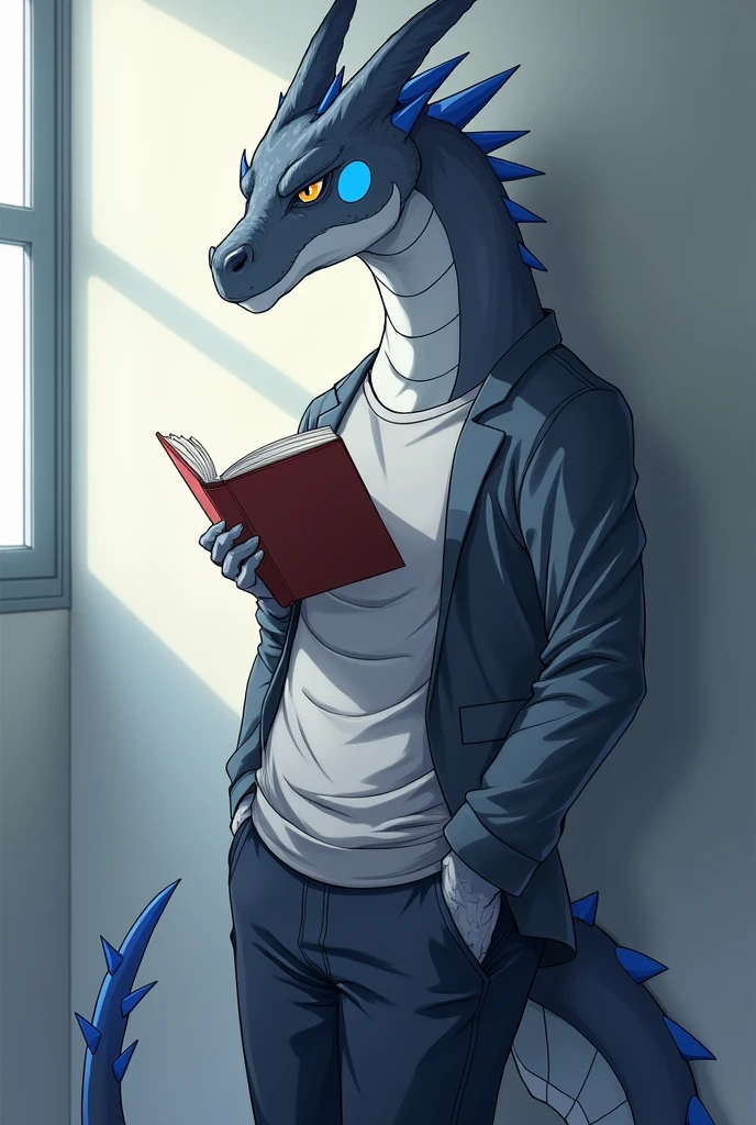 Male Dragon, gray color and white lines, there is a blue oval shape on his cheek, ideal body, high school student, so OSIS, wear high school student council uniform, wear school pants, he is reading a book while standing with one hand, his eyes glanced, one more hand in the pocket, leaning against the wall, have one tail, graphic anime