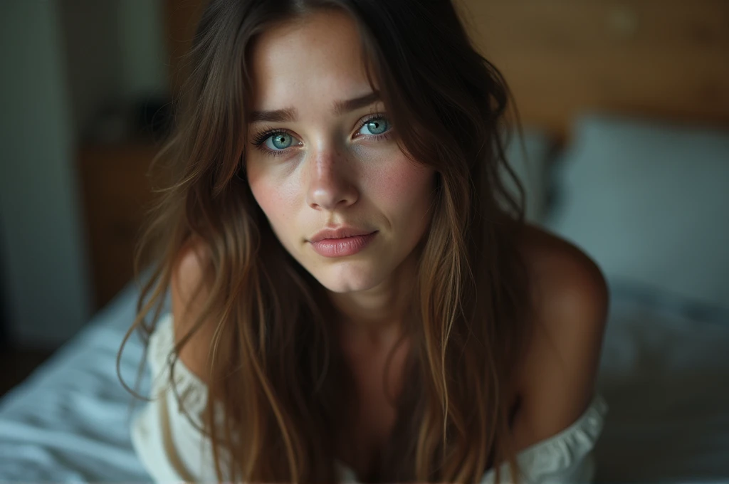 photograph, taken with a cell phone at a distance that shows the entire body, She is very young, At home in her bedroom, Normal nightwear, sad about a lost love, long brown hair, a softened ironic smile - tears in her eyes, contained excitement, soft lighting on her face, realistic textures of skin-clothes-hair, sky blue eyes-carpeted haze, beautiful real textures and delicate aesthetics, full body view, notable for natural feminine beauty, noise, 8k quality, RAW PHOTO, by professional photographer, rule of thirds, extremely detailed