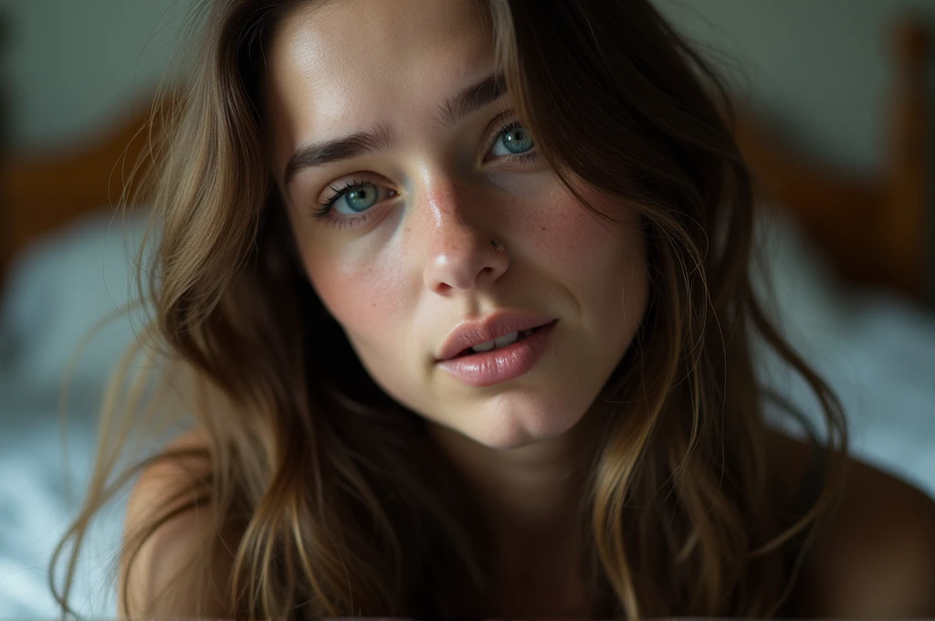 photograph, taken with a cell phone at a distance that shows the entire body, She is very young, At home in her bedroom, Normal nightwear, sad about a lost love, long brown hair, a softened ironic smile - tears in her eyes, contained excitement, soft lighting on her face, realistic textures of skin-clothes-hair, sky blue eyes-carpeted haze, beautiful real textures and delicate aesthetics, full body view, notable for natural feminine beauty, noise, 8k quality, RAW PHOTO, by professional photographer, rule of thirds, extremely detailed