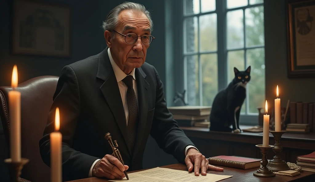 An elderly man with a thin, serene and contemplative expression. He has short, dark hair, slightly balding in the front, slightly graying, no beard, and wears a classic 1930s suit, with small, square, prescription glasses and a discreet tie. Cayce is standing next to a vintage-looking chair in an environment reminiscent of an old office with 3 candles on the table with a black and white cat, with books and papers in the background. The soft, diffuse lighting highlights his face, conveying an aura of wisdom and introspection. In one hand, he holds a prophecy object, symbolizing his knowledge and psychic abilities. The scene has a nostalgic and mysterious tone, reflecting the enigmatic nature of his predictions and readings. Through the window there is nature