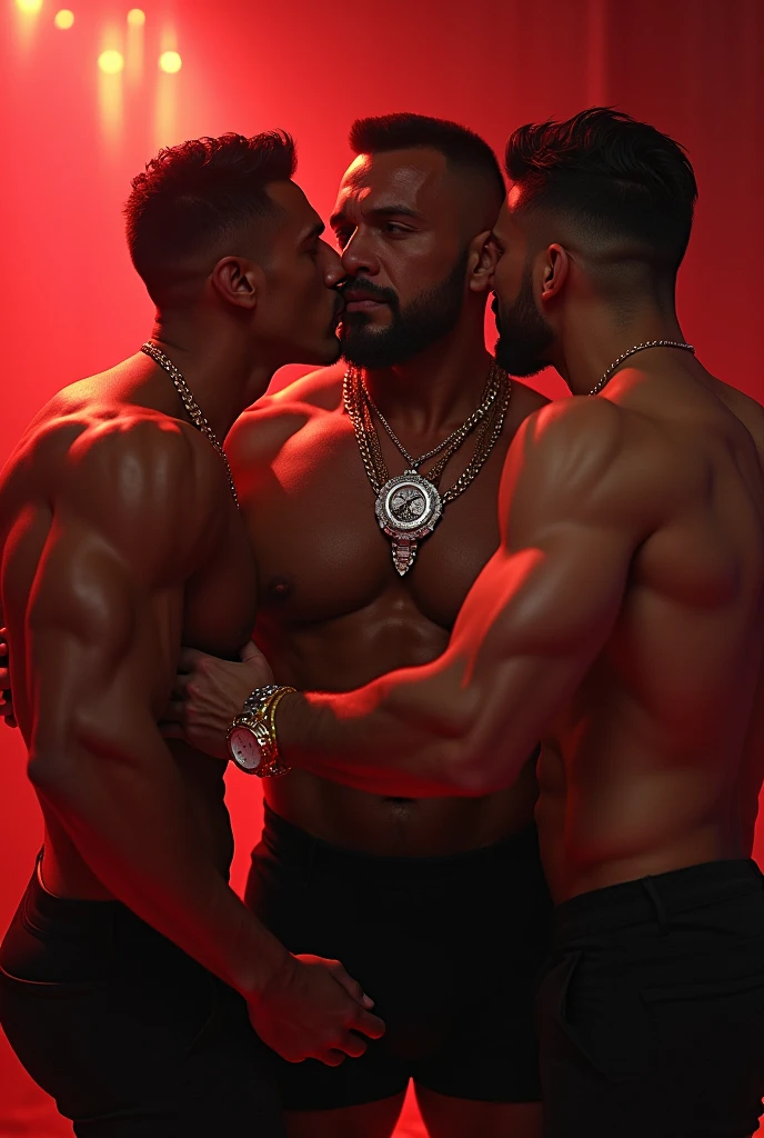 Full body bodybuilder porn actor amalgamation, dj, rapper, billionaire, Zyzz com Jeff Seid, Brice Akuesson e Ronnie Coleman , Golden diamond silver chain, Patek watch, 8-bud abdomen, big 25 cm penis full body en tanga in front of two enchanted and passionate gay skinny man muy delgados y besando al bodybuilder y manoseando su pene, gay scene, gay porn, gay sensual.