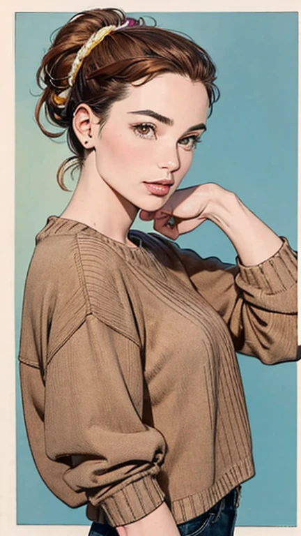 a beautiful young woman, joey rei, full - length portrait, line art, high quality ink drawing, ultra detali, realistic shading, swirly vibrant colors, elegant posture, leaving, bright coloured, flat image, top knot, chestnut hair, close-fitting clothes